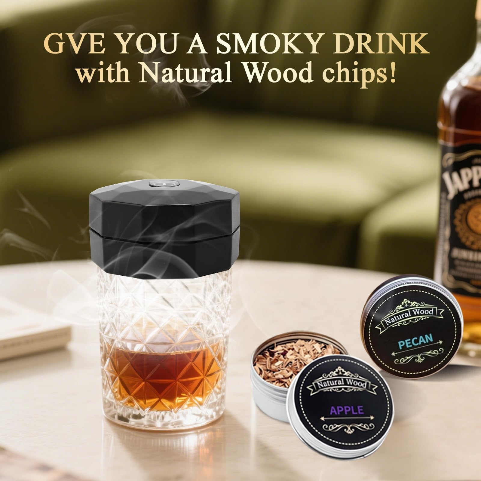 Elektryczny wędzarnia do whisky, akumulatorowa elektryczna wędzarnia do napojów, do koktajli whisky bourbon, z 6 zrębkami, prezent dla ojca, męża, chłopaka