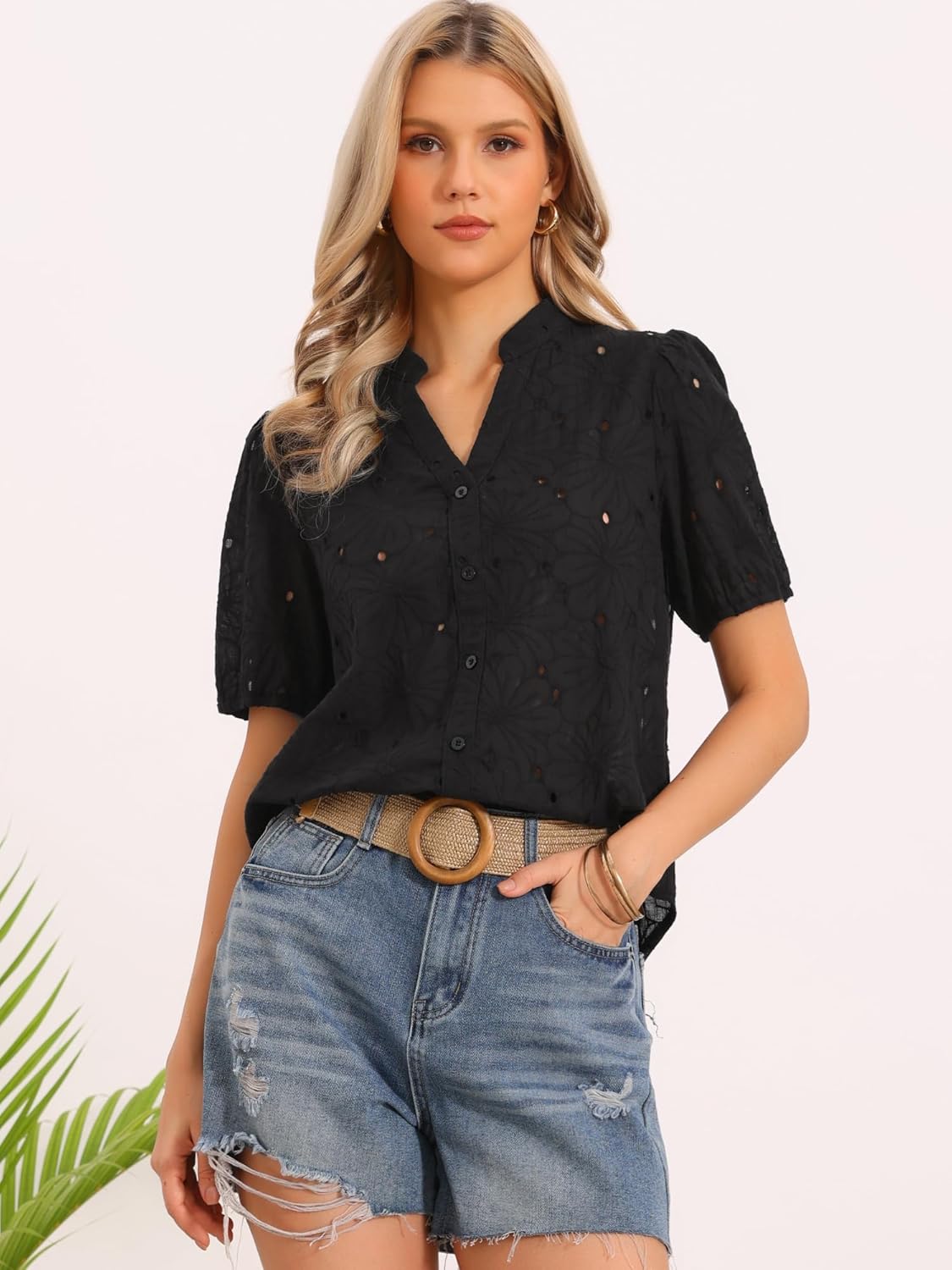 Allegra K Short Sleeve Summer Tops for Women Casual V Neck Hollow Out Eyelet Top Shirts - Image 3