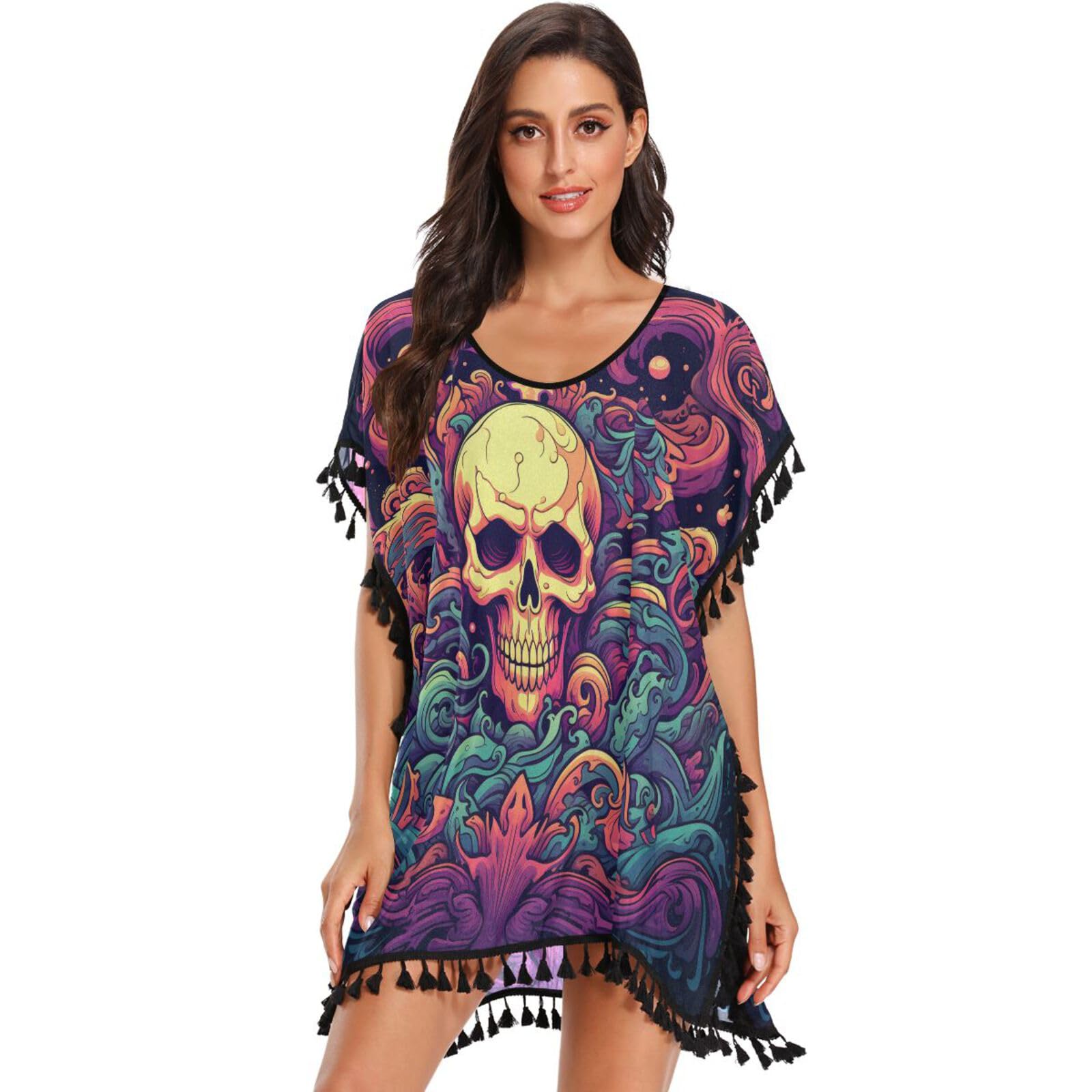 Fire Skull Cool Art Women's Beach Cover Up Chiffon Tassel Swimwear Swimsuit Coverups for Girl