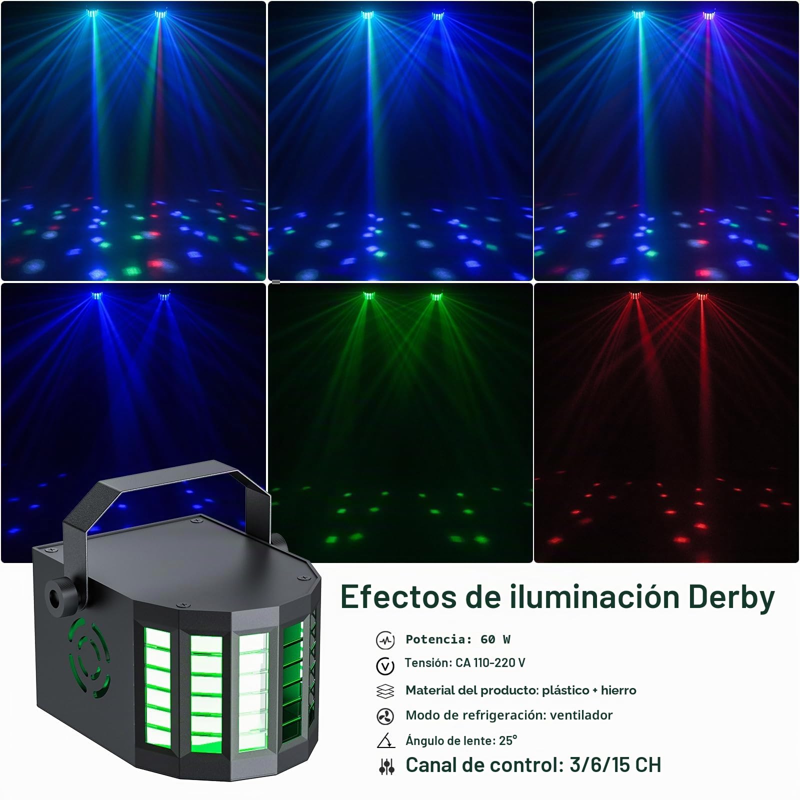 60 W Derby + RGBW LED Par luz DJ con soporte y control remoto, iluminación de escenario con DMX-3/6/15 canales luces de discoteca para DJ, fiestas, iglesias, conciertos, bodas, Navidad (con