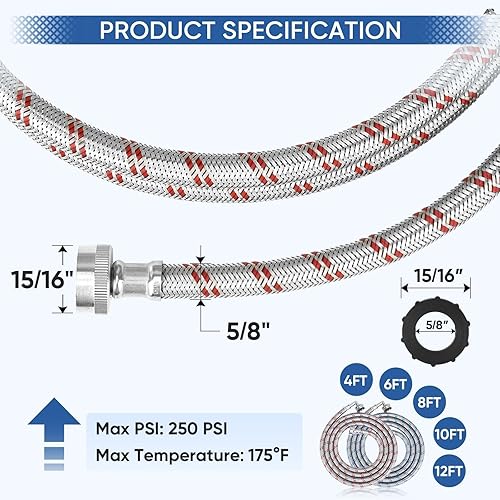 Miniatura 4 de TICONN Juego de 2 mangueras para lavadora, mangueras de lavadora trenzadas de acero inoxidable a prueba de estallidos con codo de 90 grados, rosca