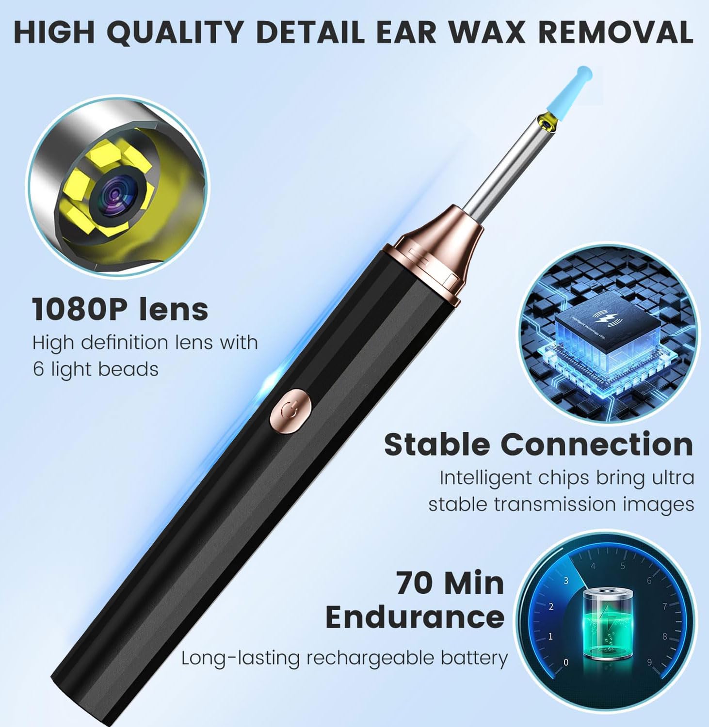 Otoscopio Rimozione di Cerume con Telecamera 1080P Impermeabile Endoscopio con 6 Luci LED Pulisci Orecchie per iPhone iPad e Android Nero