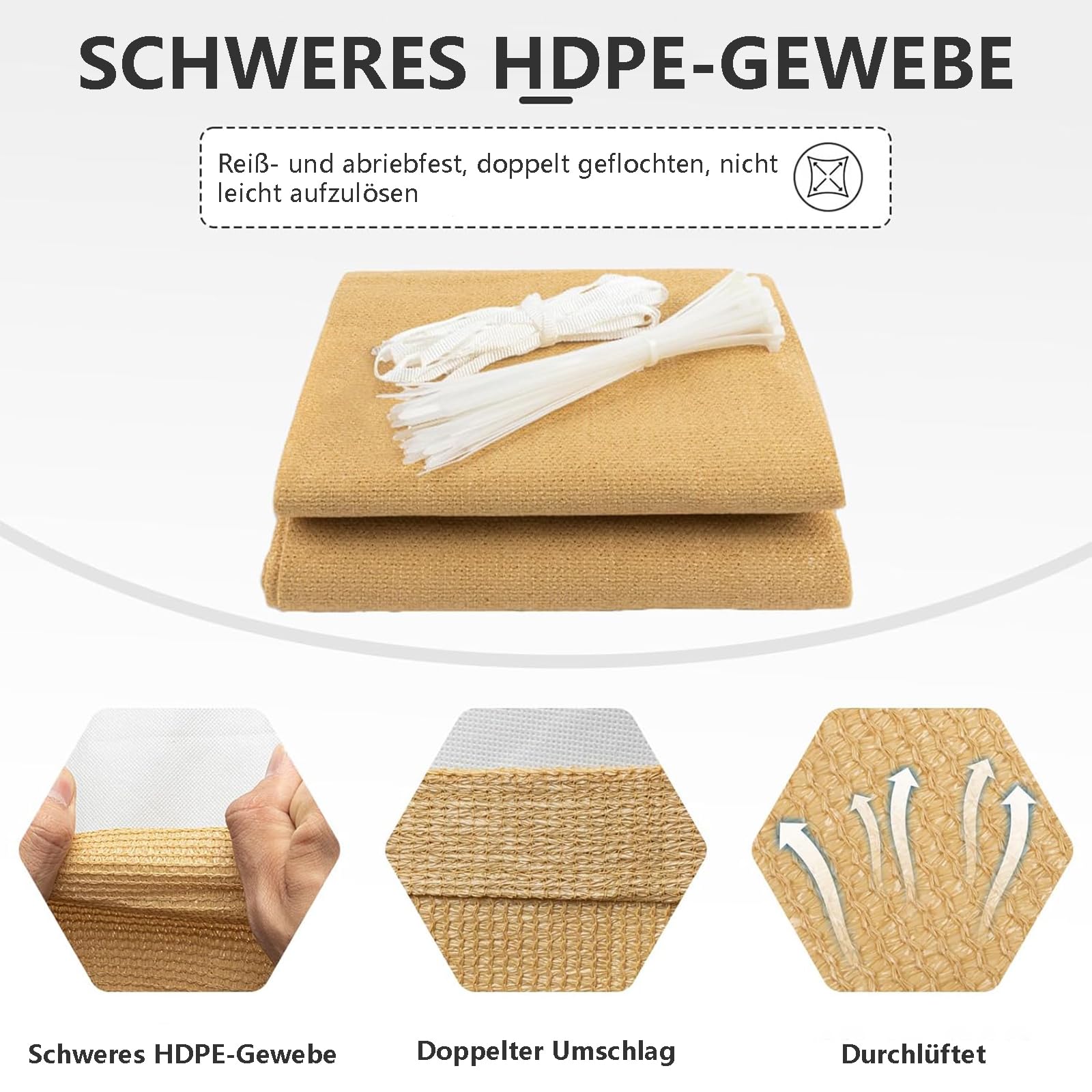 Sonnensegel Terrasse 3x6M Premium HDPE Gewebe, Windschutznetz inkl Seil, 95% UV-Schutz Reißfest, für Außenbereich,Garten, Beige