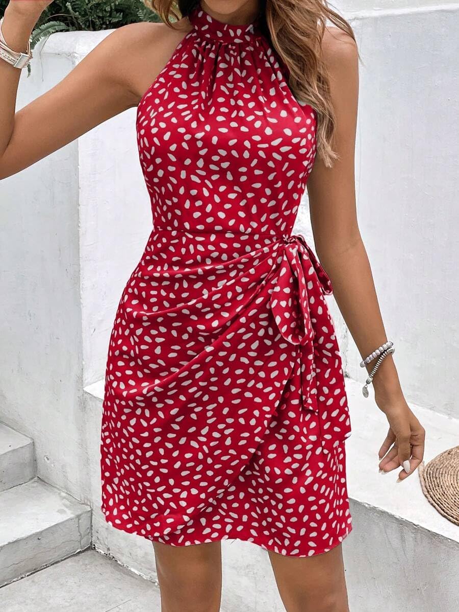 LIGHT DOT Women's Summer Dress Dot Print Halter Neck Tie Waist Casual Zipper Back Vacation Sundress image 3