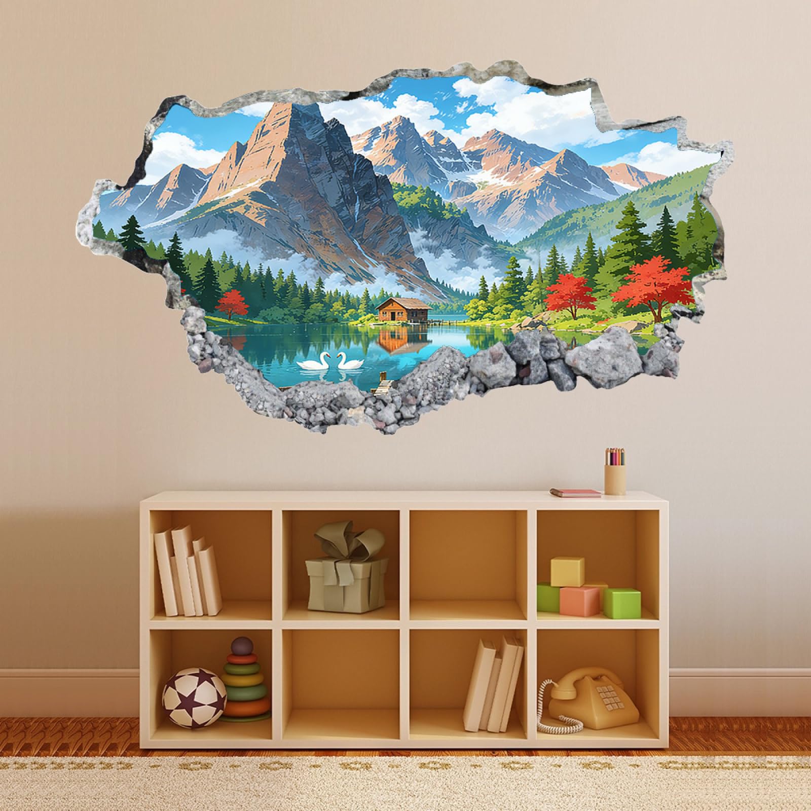 3D Wandtattoo Wanddurchbruch Gebirgsschwanbaumlandschaft Durchbruch Wandaufkleber für Kinderzimmer, sticker für Wohnzimmer, Abnehmbare Selbstklebend Wandsticker, Wandbild Schlafzimmer 70x122cm