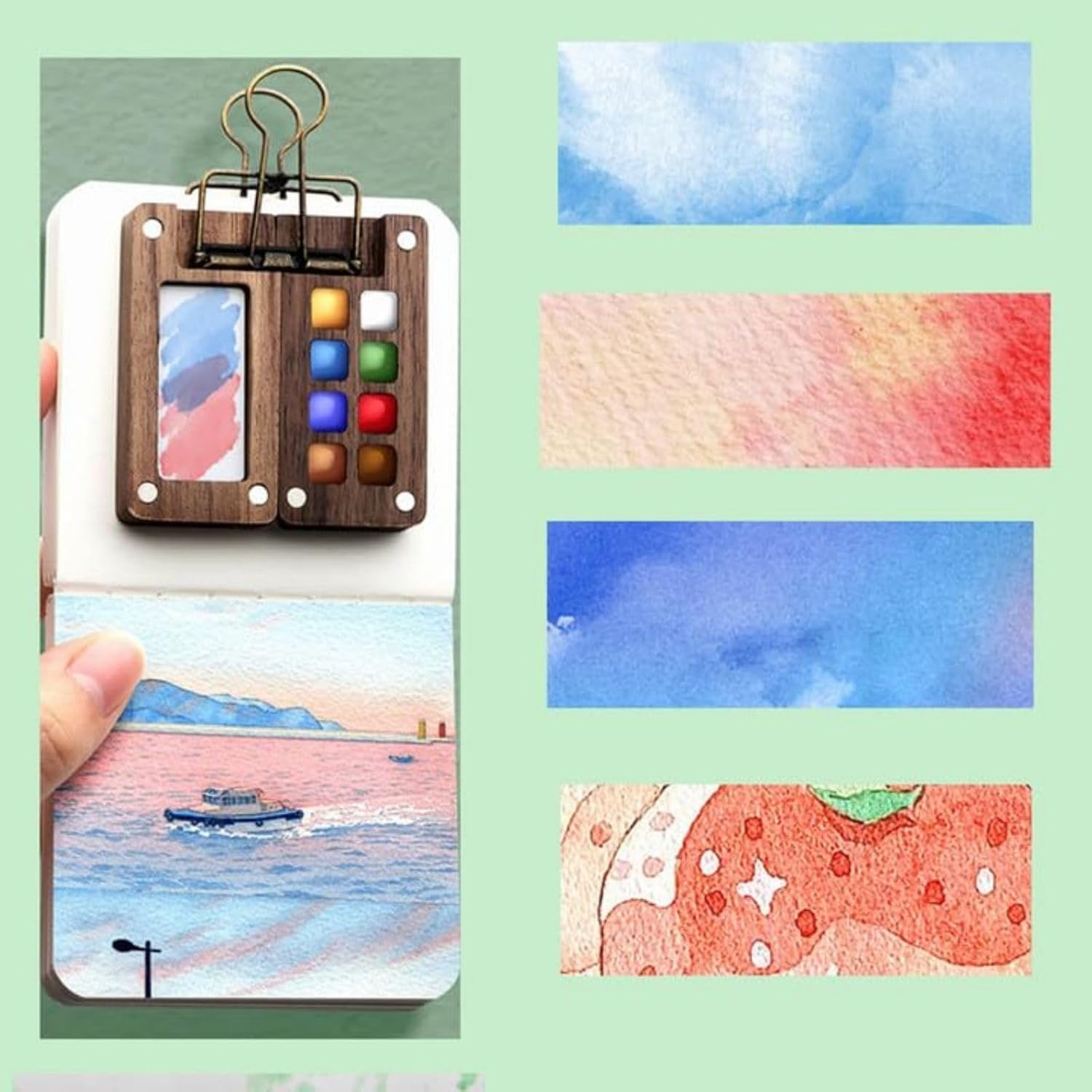 Mini kit per acquerelli, set di acquerelli, 2025 nuovo set di acquerelli da viaggio con clip pennello penna album da disegno (8 griglie+12 acquerelli)
