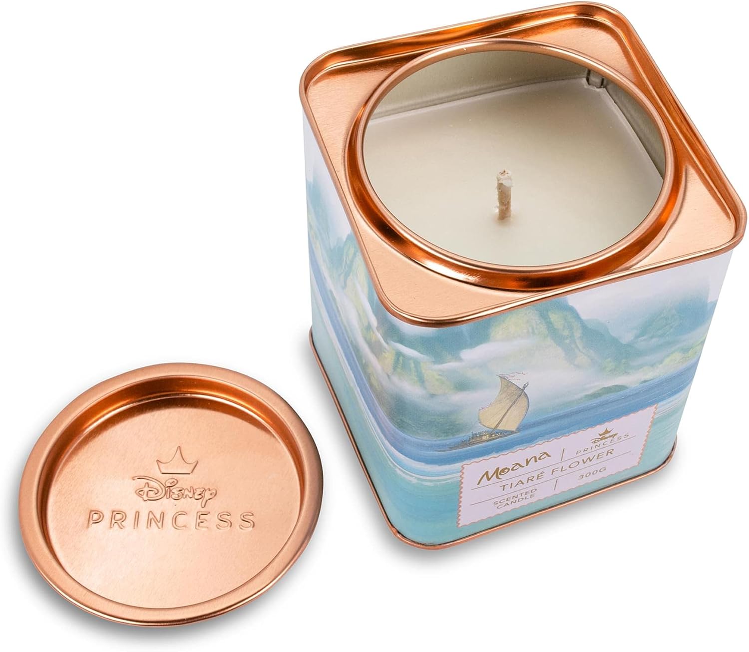 Disney Princess Home Collection Moana 11-Ounce Scented Tea Tin Candle with Tiare Flower Aromatic Fragrance | 28-Hour Burn Time | Home Decor Housewarming Essentials, Cute Gifts and Collectibles