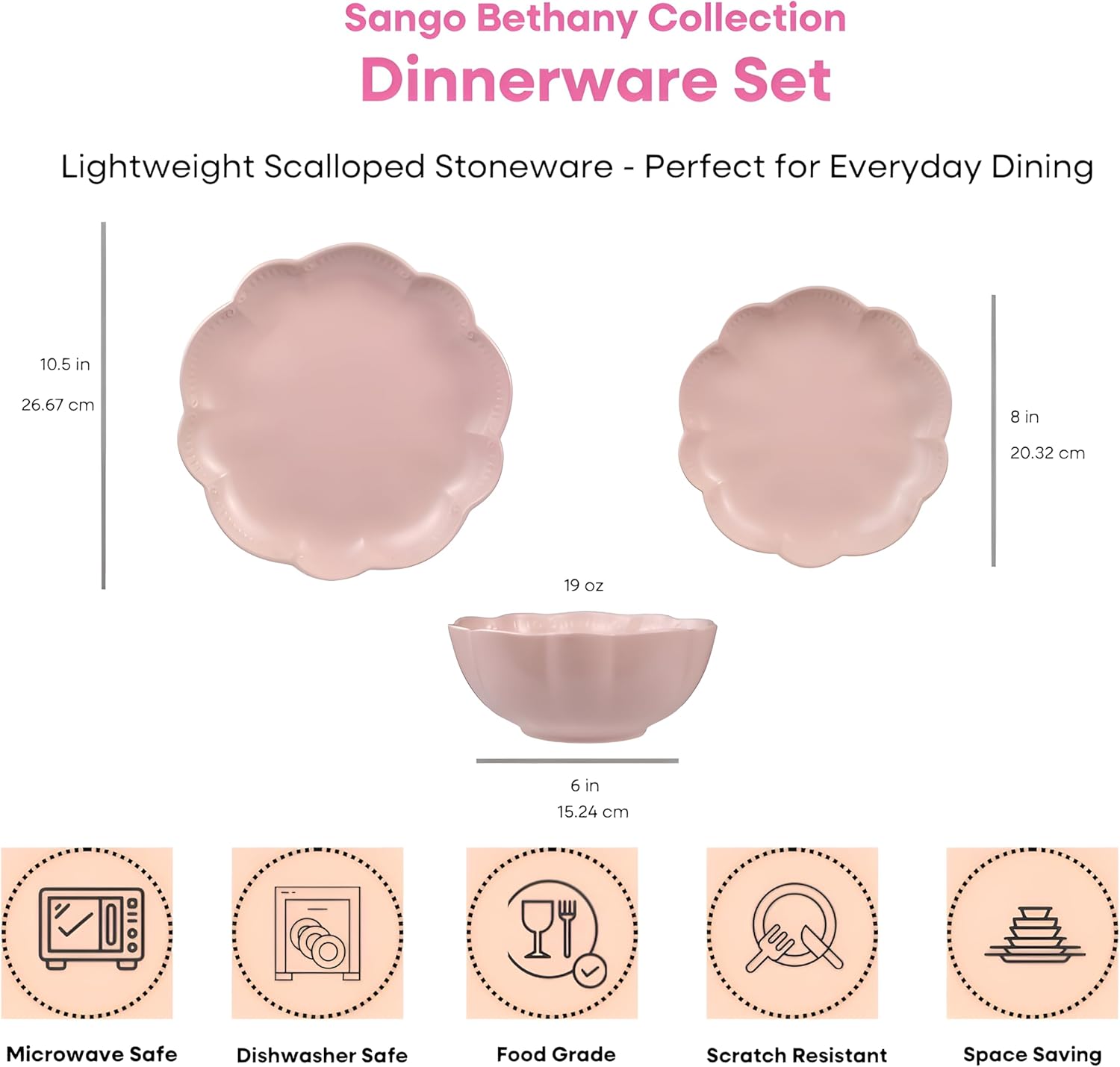 Sango 12 Pieces Scalloped Dinnerware Set, Modern Pink Dishes for 4, Premium Serving Plates & Bowls Sets, Chip Resistant, Ceramic Dishware, Kitchen Dish, Microwave & Dishwasher Safe, Bethany