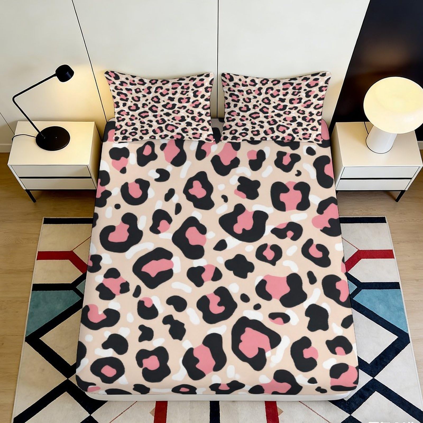 3D Printed Pink Leopard Fitted Sheet Microfiber Soft Breathable Animal Skin Mattress Cover for Bedroom Guest Room Decor 90x200x25cm