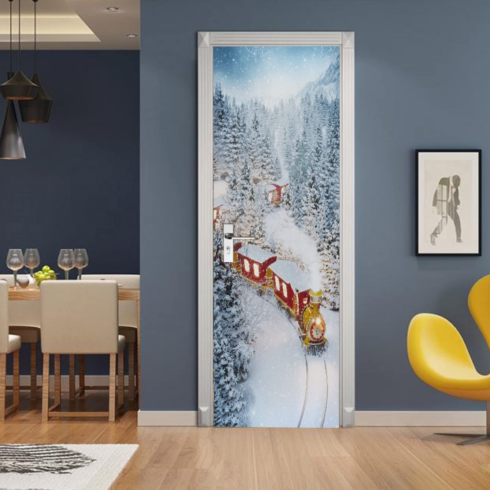 3D Door Stickers Snowy Train Mural Art Sticker Wallpaper Self-Adhesive Decals Removable Vinyl W100 x H215cm