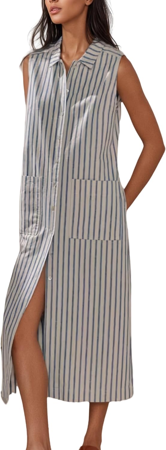 Women's Spring Summer Button-Down Shirt Dress Cotton Striped Collared Tunics Sleeveless Tank Dress with Pockets