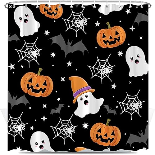 Cortina de ducha espeluznante de Halloween, divertida, fantasma, calabaza, murciélagos, telaraña, lindo juego de decoración de baño blanco y negro