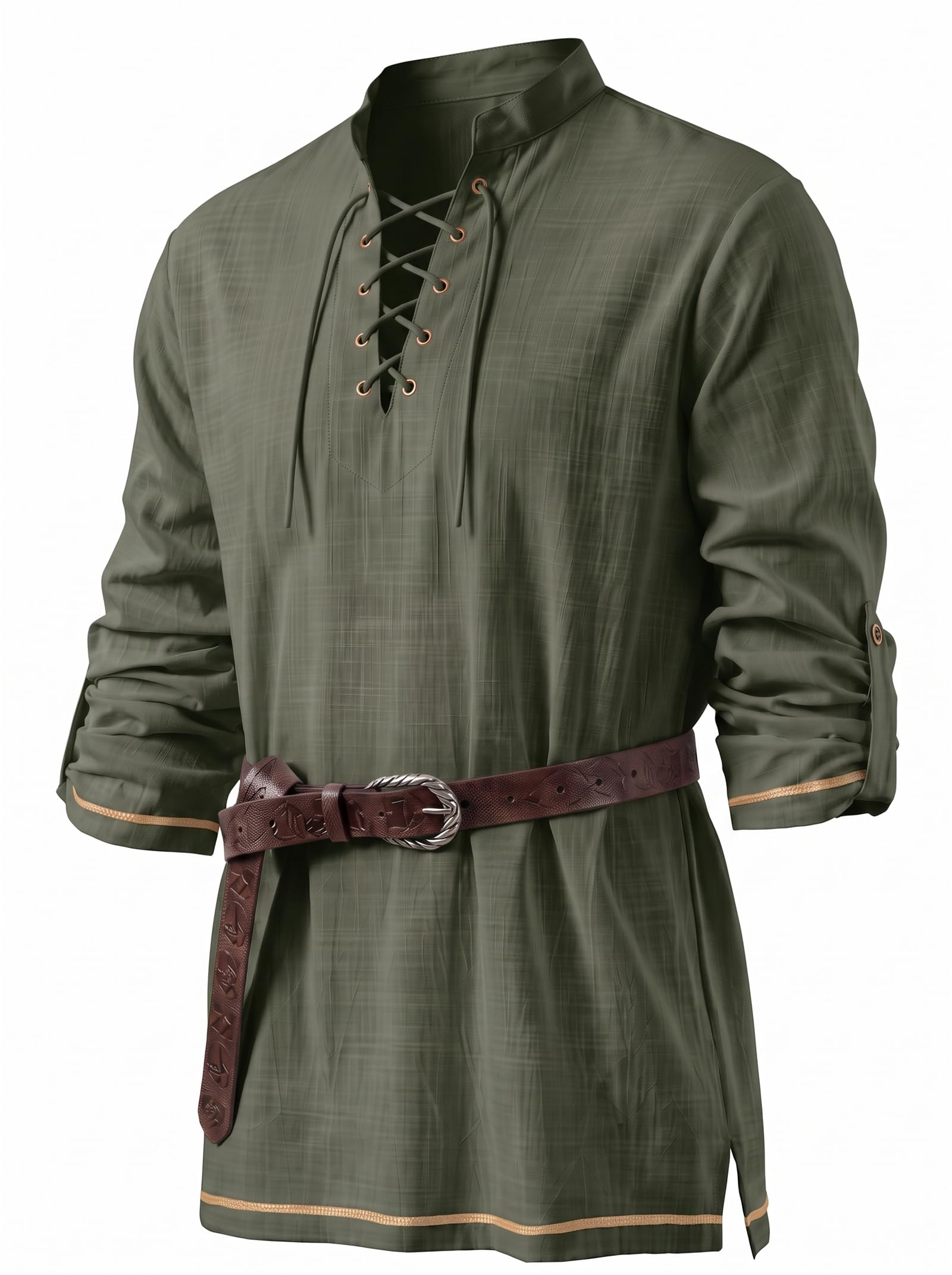 CTU Men's Medieval Pirate Viking Stand Collar Shirt ArmyGreen M