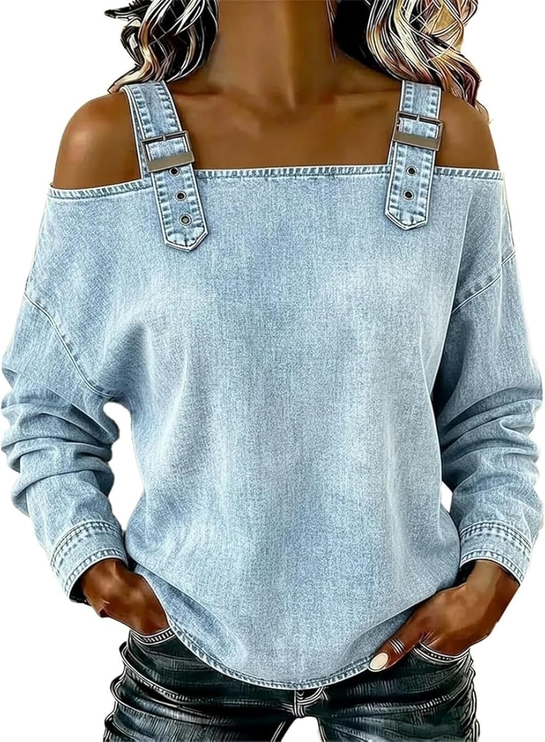 Women's Off The Shoulder Tops Adjustable Straps Cowboy Shirt Long Sleeve Sexy Casual Buckle Strap Denim Tops