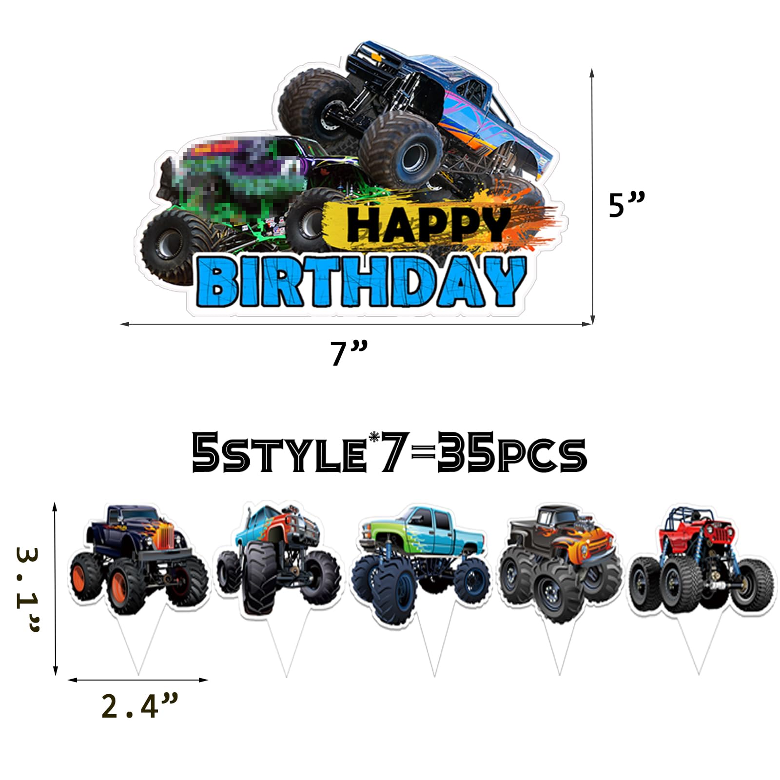36pcs Monster Truck Cake Decorations - Happy Birthday Cake Toppers & Cupcake Toppers for Monster Truck Themed Party
