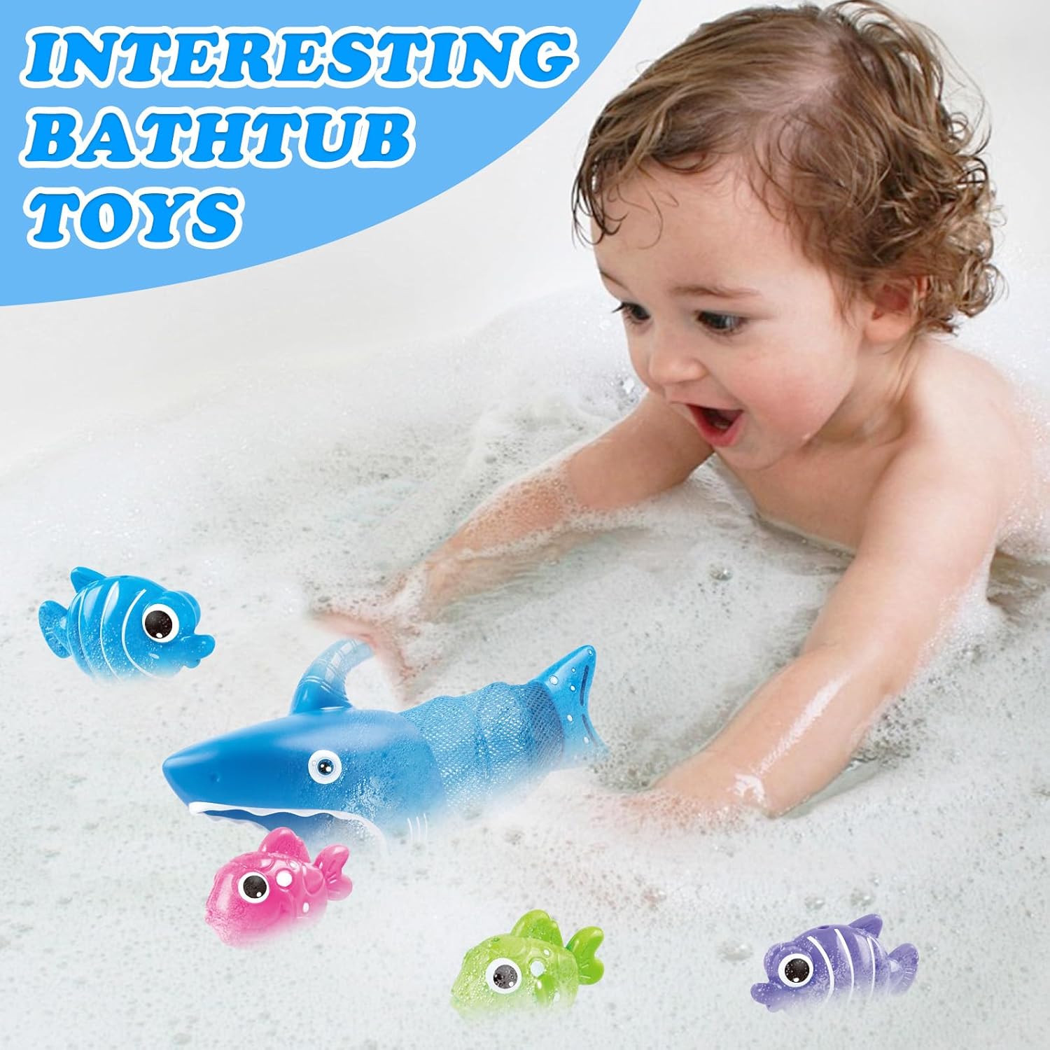Baby Bath Toys for Kids Ages 1-3,18PCS Toddler Bathtub Toys Set,Birthday Gifts for Girls Boys 1 2 3 4 5 6 Year Old,No Holes Shower Interaction Game Toy with Basketball Hoop,4 Balls,Shark Fishing Net