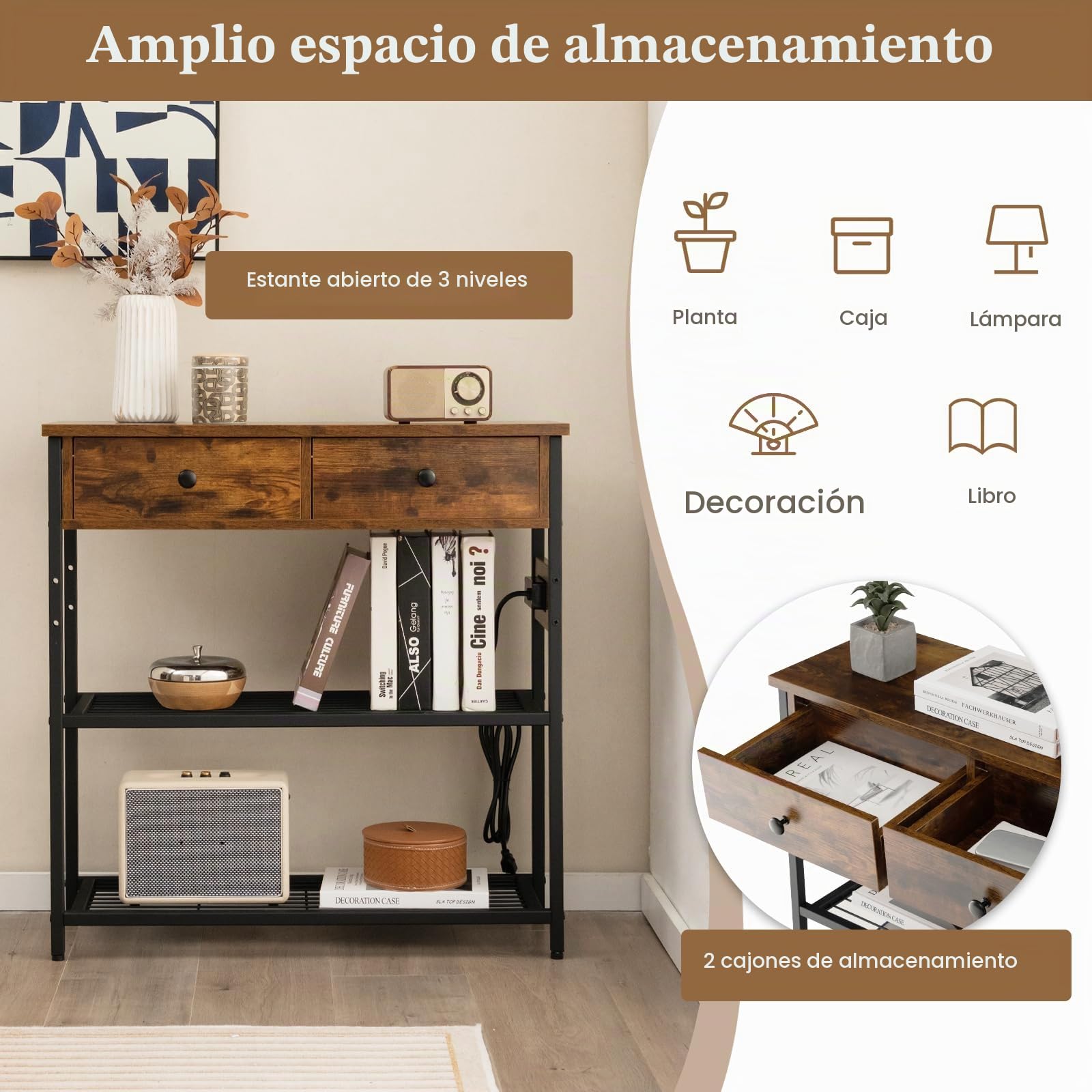 GIANTEX Mesa Consola de 3 Niveles con 2 Cajones y 2 Estantes de Metal, Mueble de Recibidor Estrecha con Estación de Carga, 81 x 30 x 81 cm, Mesa Auxiliar para Salón, Entrada (Marrón Rústico)