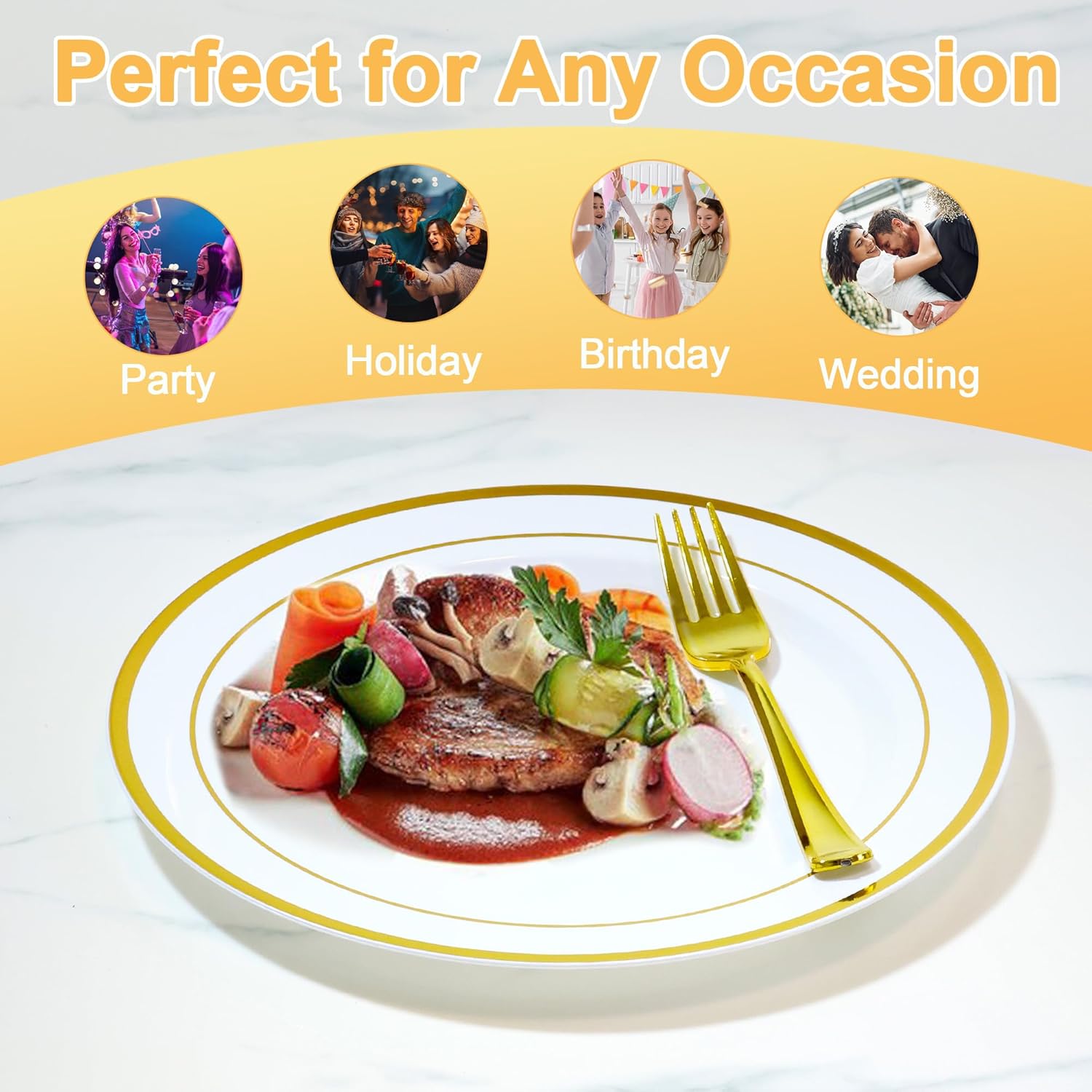 200 PCS Gold Plastic Plates Disposable, White and Gold Plastic Plates Include 100 Dinner Plate and 100 Dessert Plate Perfect for Holiday, Party & Wedding - Image 5