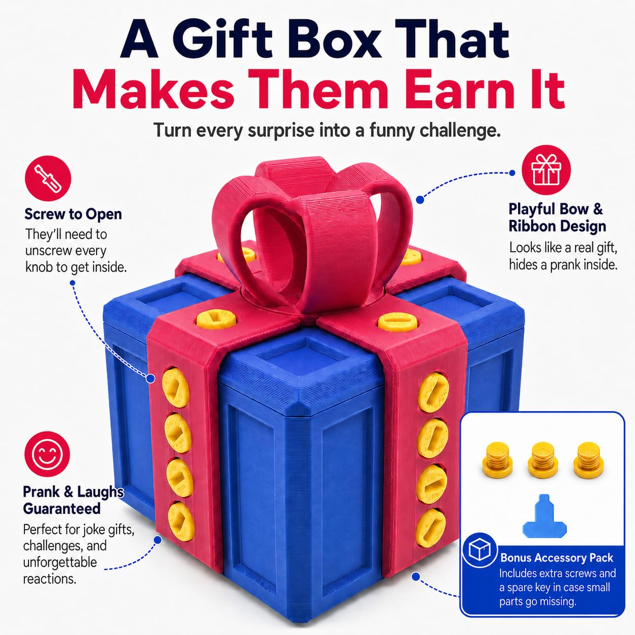sofarefinish 3.14'' Annoying Gift Box, Multicolor 3D Printed Prank Box, Prank Box Set, 3 Count (Blue with Red, Blue with White, Black with Yellow)