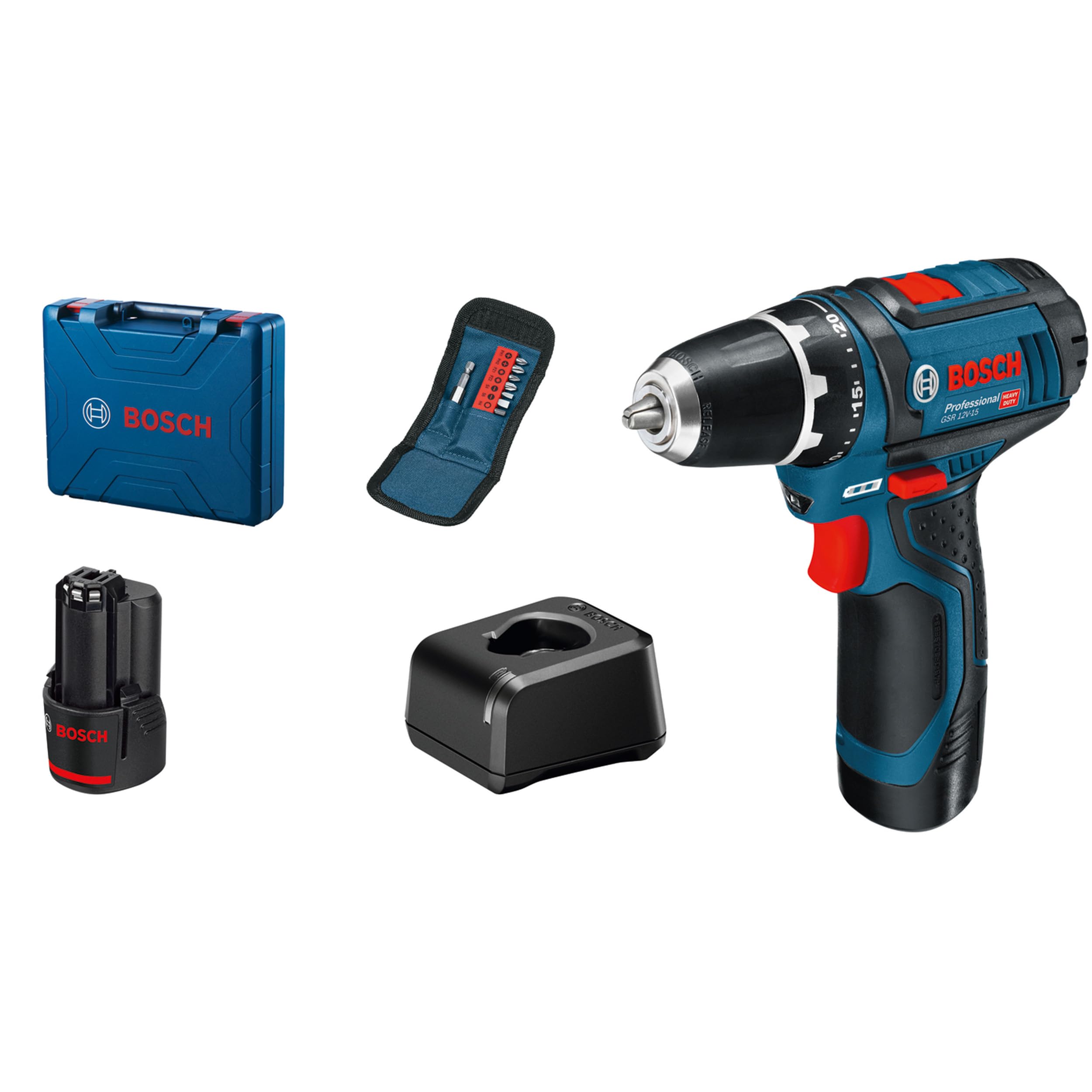 Bosch Professional 12V System perceuse-visseuse sans-fil GSR 12V-15 (avec 2 batteries 2,0 Ah, chargeur GAL 12V-20, set d’accessoires 10 pièces, coffret de transport)