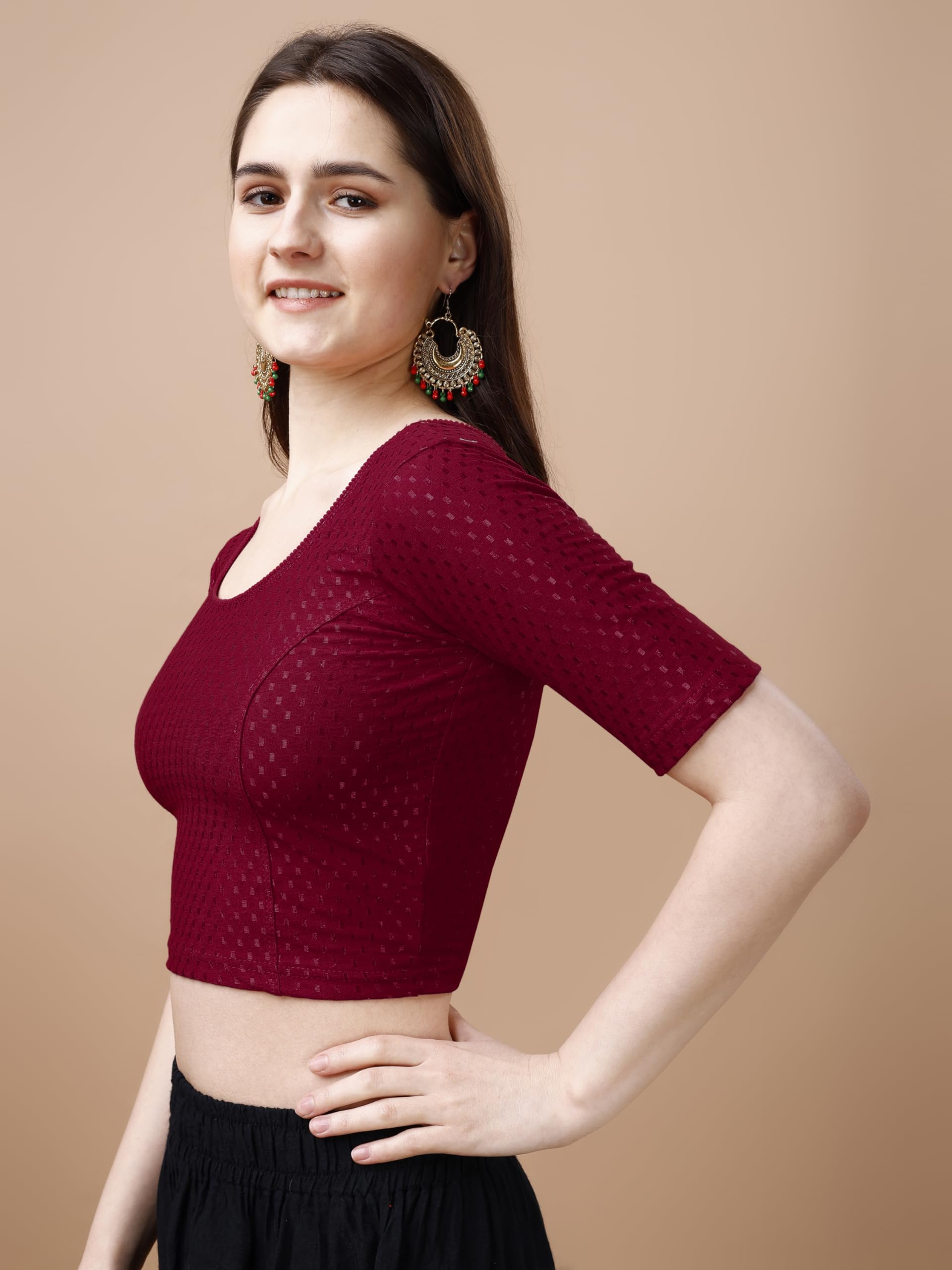 Pujia Mills Women's Readymade Dobby Cotton Lycra Stretchable Round Neck Half Sleeve Blouse Fancy Maroon Color Lycra Stretchable Blouse For Women Stylish Readymade Saree Blouse