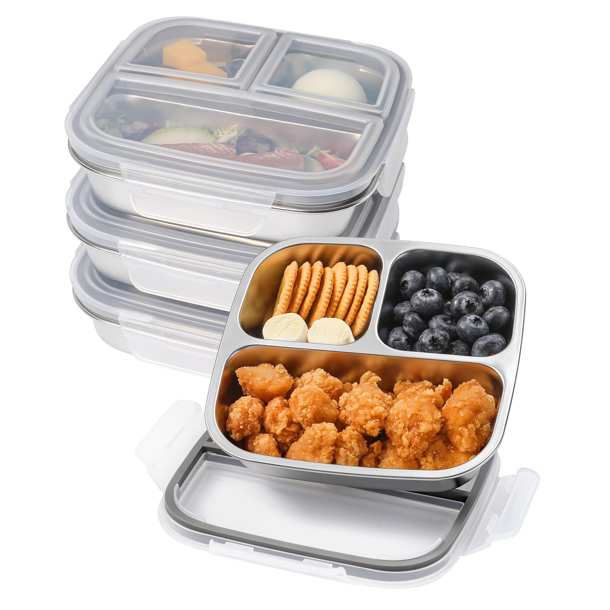 Misichao Stainless Steel Snack Box with 3 Compartments | Reusable Small Bento Lunch Container for Kids and Adults, Divided Food Tray for School, Work, Travel (4, Grey)