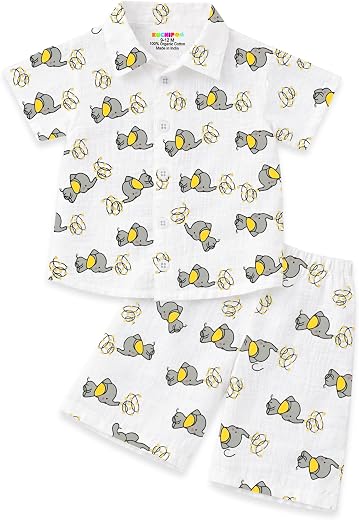 Kuchipoo Boys 100% Muslin Organic Cotton Co-Ord Set | Printed Half Sleeve Shirt & Shorts | Soft Breathable Fabric | Casual...