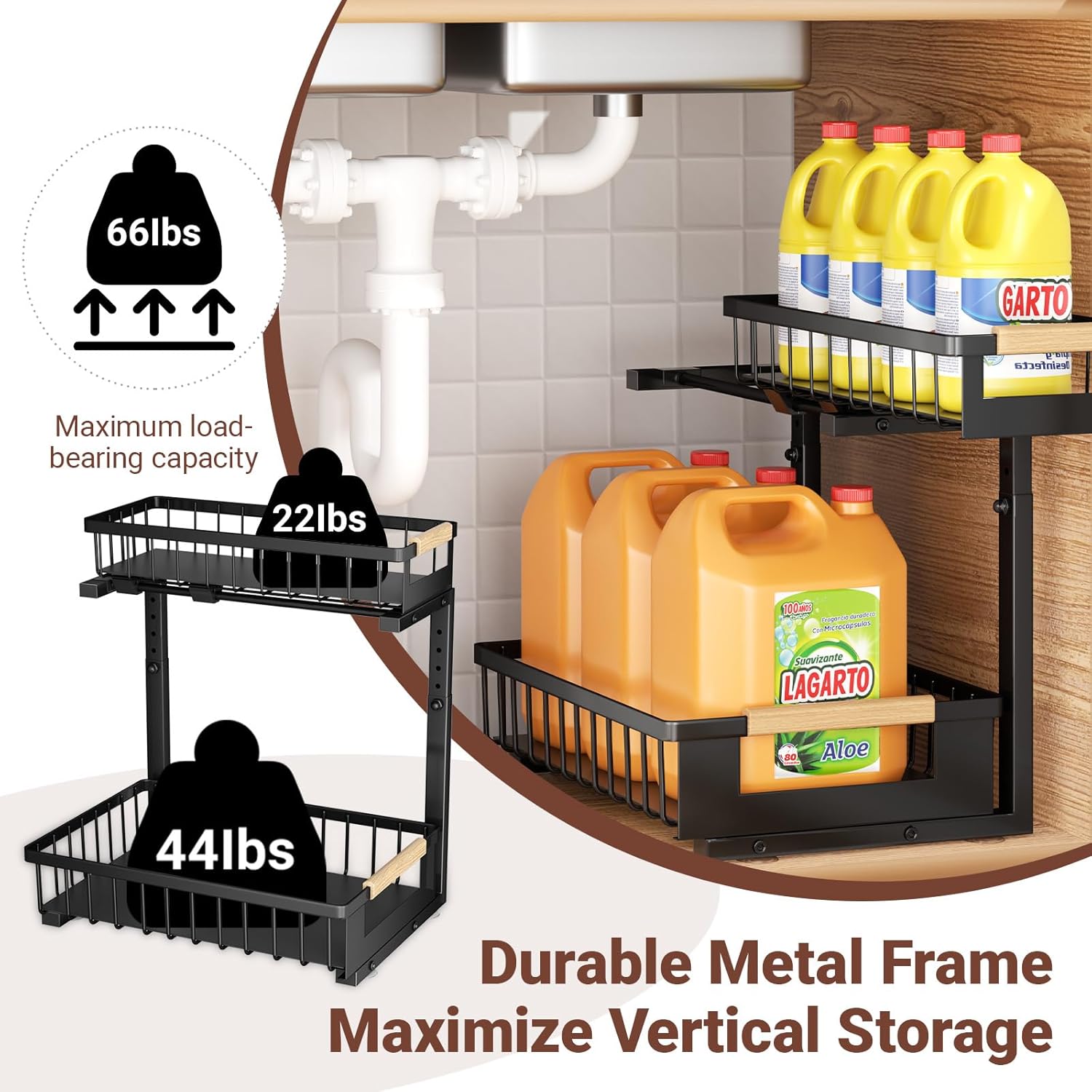 Under Sink Organizer 2-Pack Pull out Cabinet Organizer 2 Tier Metal Shelf Undersink Rack for Kitchen Bathroom Pantry Cabinet Organization and Storage, Black - Image 4