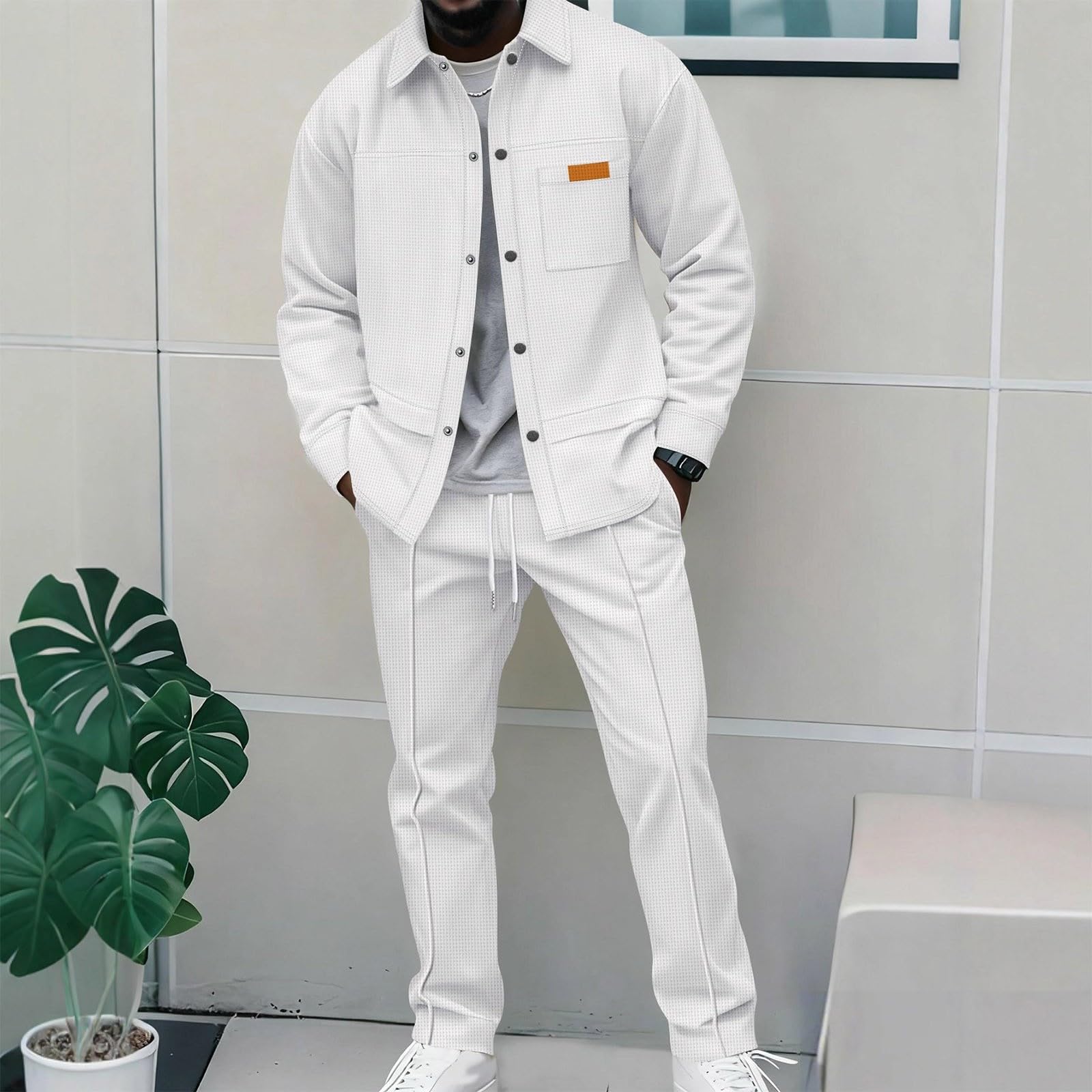 Chándal para hombre, juego de 2 piezas, chaqueta de camisa y pantalones de chándal de color puro, chándal cómodo, transpirable, traje deportivo cómodo y cómodo