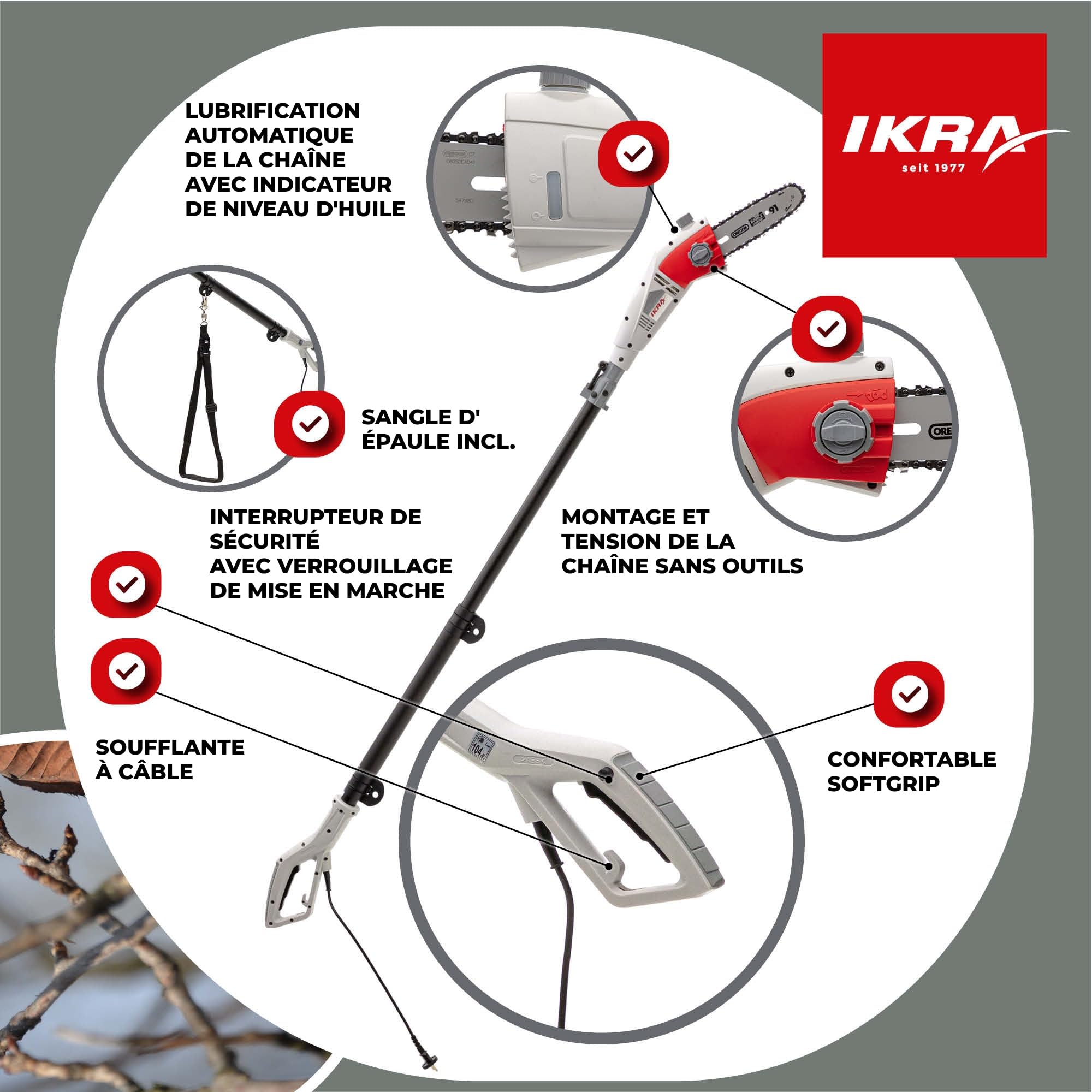 Ikra Élagueuse télescopique électrique Ieas 750, Longueur de Coupe 185mm, 750W, hauteur de Travail 4 m Noir/Gris/Rouge