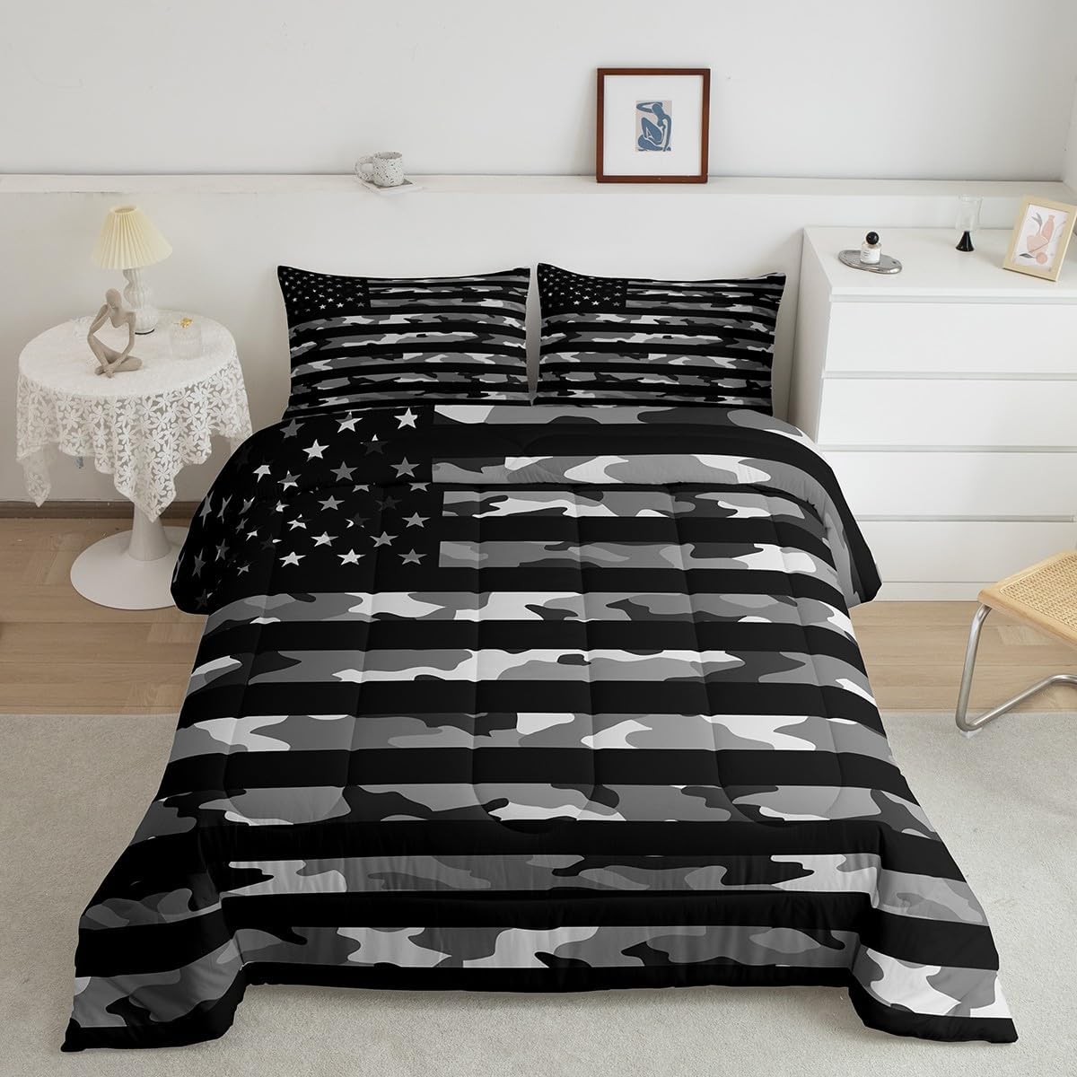 Feelyou American Flag Comforter Set Army Camouflage Bedding Set Decor Military Camo USA Flag Comforter Grey Black and White Down Alternative Comforter for All Season Queen Size 3Pcs