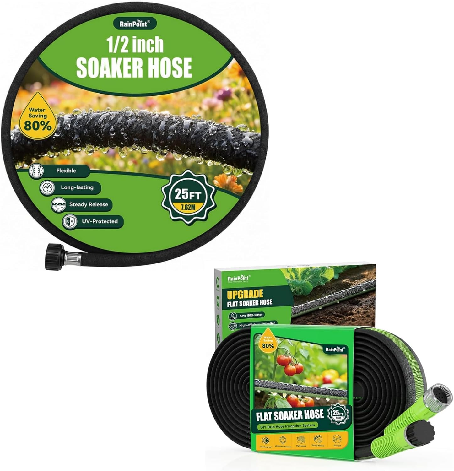 RAINPOINT 1/2'' Soaker Hose 25ft for Garden, Drip Irrigation Hose, Water Seeper Soaker Hoses for Foundation Watering, Save 80% Water for Vegetable Gardens, Flower Beds, Lawns, Orchards, Green