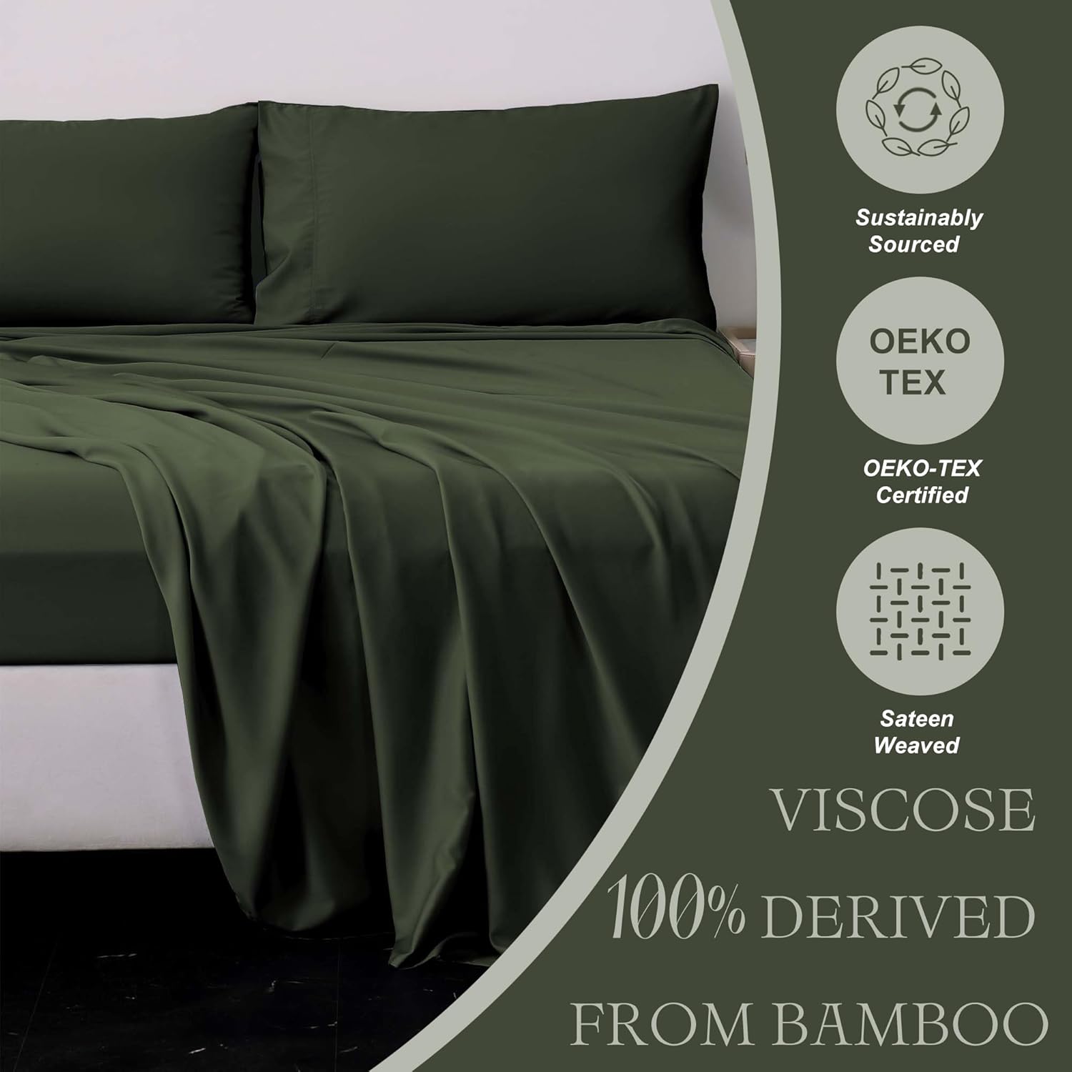 Viviland Cooling Queen Sheets, Bamboo Viscose with Elastic Corner Straps, Olive Green Cold Siky Sheet & Pillowcase Sets for Hot Sleepers