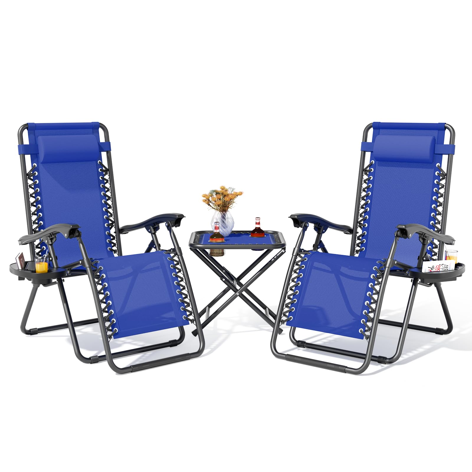 Chaise pliante inclinable extérieur camping lot de 2 bleu avec repose-gobelet patio