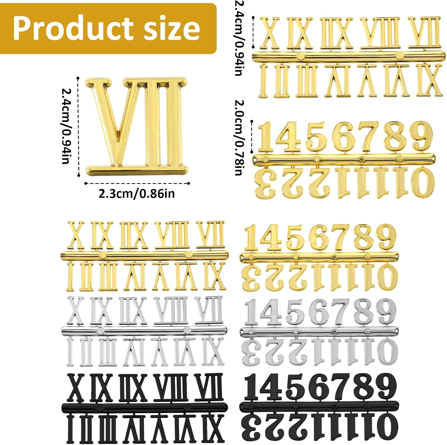 Apojgitn 6 Pieces Plastic Clock Numbers Kit - Clock Numbers & DIY Kit, Arabic & Roman Numerals Clocks Parts for Replacement, Repairing Home Art Decor Accessories(Black Gold Silver)