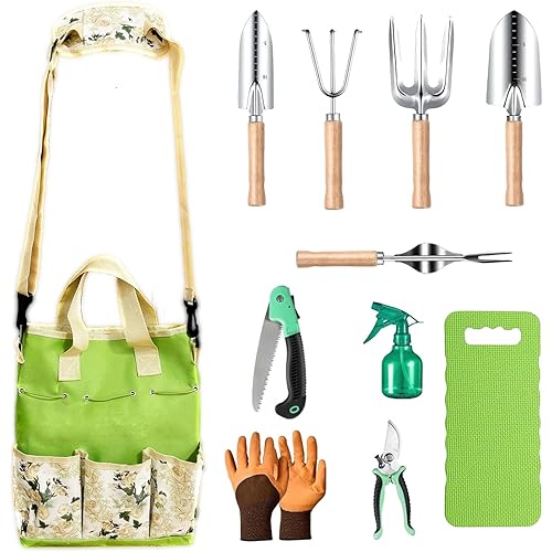 Stainless Steel Garden Tools Set with Wooden Handle & Pruning Shears, Lightweight Portable Gardening Kit - Easy Storage Ideal Gift for Women Gardeners (Set 2, 11)