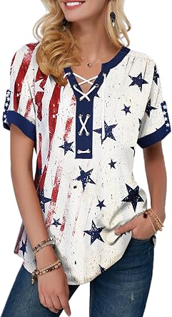VILOVE American Flag Shirt Tops Women 4th of July T-Shirts Ring Hole Star Stripes USA Short Sleeve V-Neck Patriotic Tees