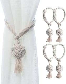 4 Pack Rustic Curtain Tiebacks - Decorative Outdoor Curtain Drapery Holdbacks Holders - Hand Knitting Cotton Rope Drape Tie Backs for Sheer and Blackout Curtain (Set of 4, Beige)