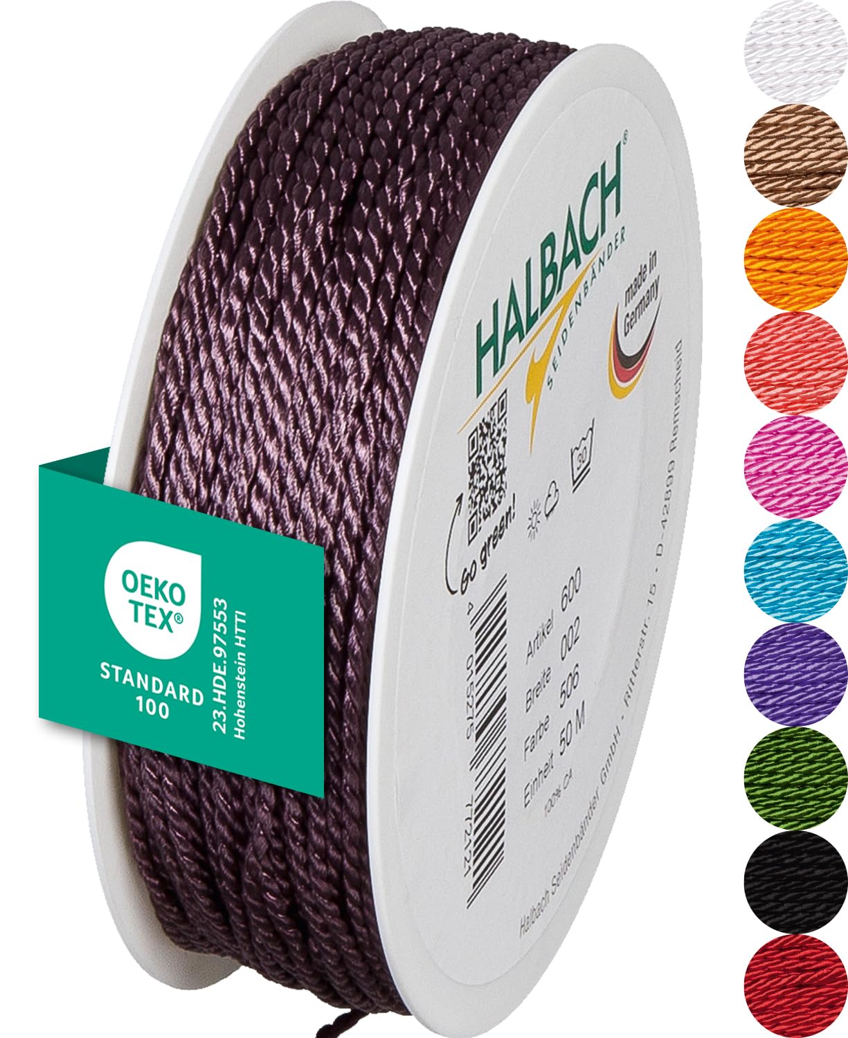 Halbach Seidenbänder Premium Cord (Dark Lilac), Width 2 mm, Length 50 m, Made in Germany and Oeko-Tex Certified