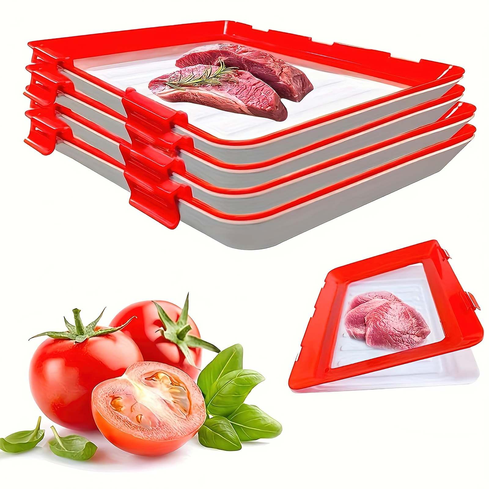 YSINOBEAR Vacuum Fresh Storage Tray,Reusable Creative Food Storage Container, 12x8.6 Stackable Food Preservation Tray with Elastic Lid with Buckle for Vegetable Fruit Meat Fish (4pcs)