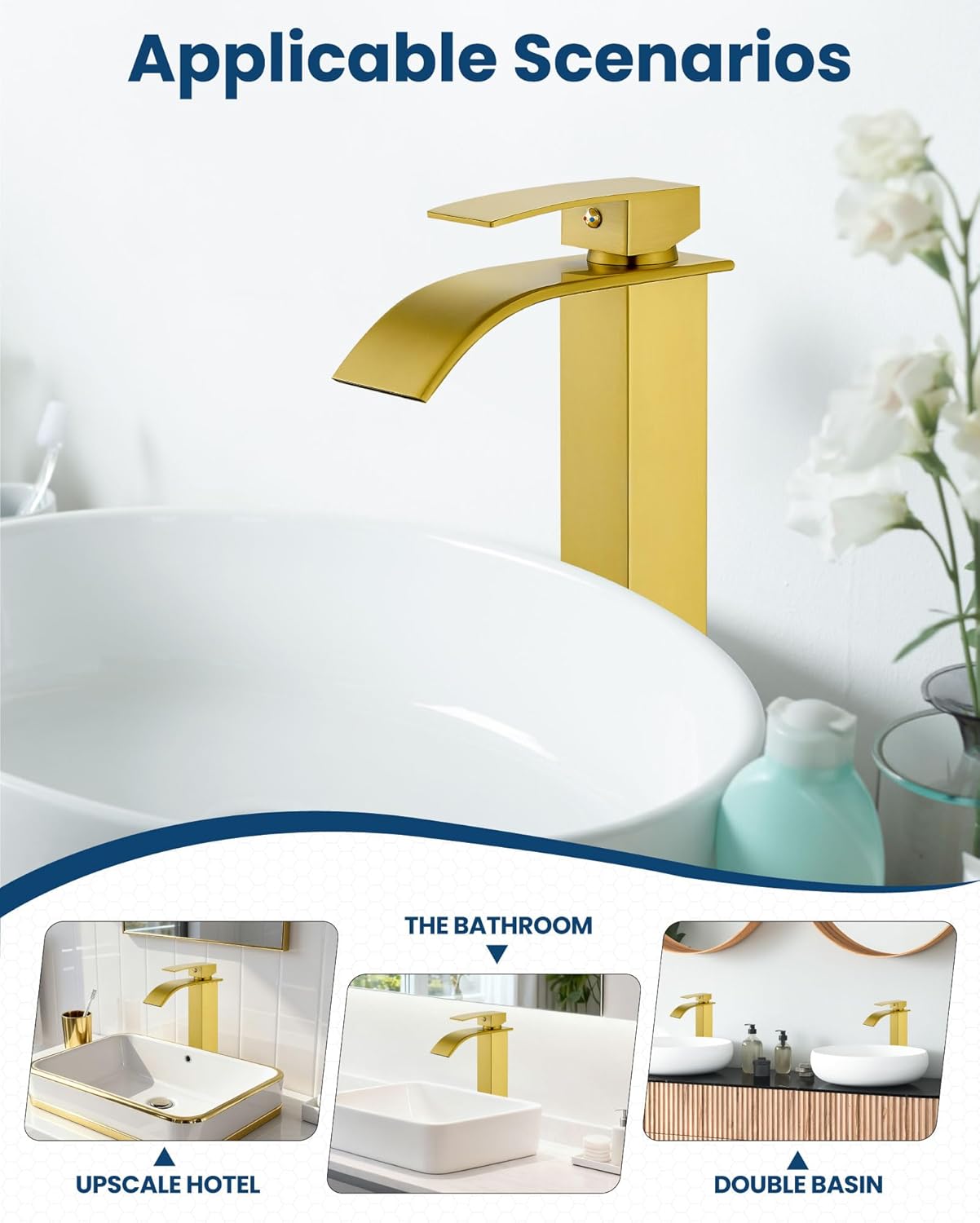 Airuida Brushed Gold Tall Waterfall Bathroom Vessel Sink Faucet Modern Bathroom Vanity Faucet Single Handle Single Hole Farmhouse Bar Mixer Tap Washbasin Faucet Deck Mount