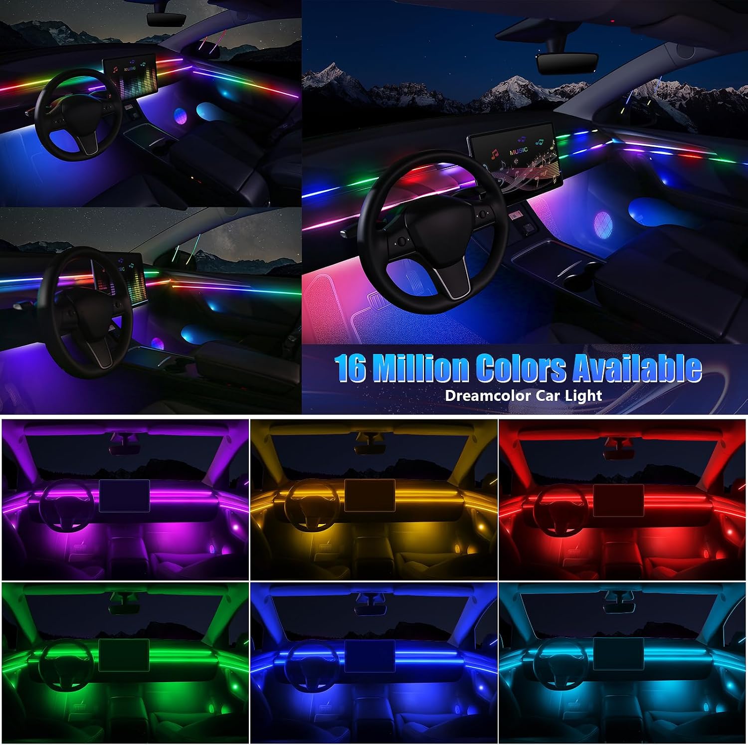 Dreamcolor Acrylic Interior Car LED Strip Light with Wireless APP, RGB 22 in 1 with 175 inches 600 LEDs Fiber Optic Car Ambient Lighting Kits, Music Sync Function Neon LED Strip for Car Accessories