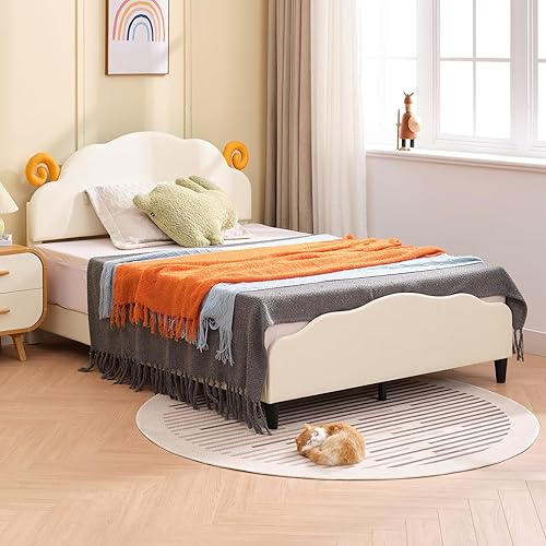 Miniatura 7 de Mjkone Cama individual tapizada para niños marco de cama de plataforma individual con cabecera curvada cama de estilo deportivo con soporte de