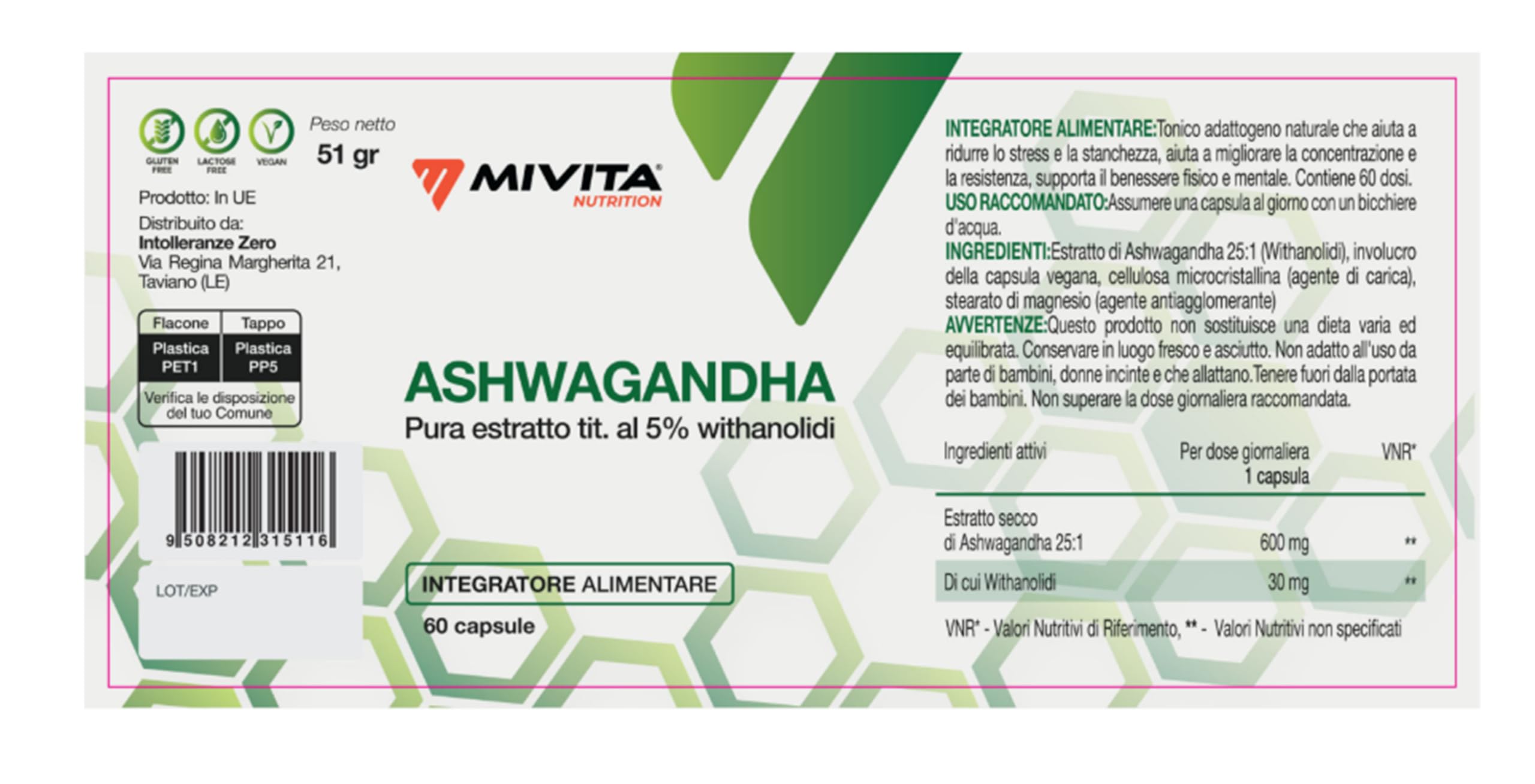 Mivita Ashwagandha Pura 600 mg - 60 Capsule Vegetali - Integratore Ashwagandha Vegana 25:1 5% Withanolidi - Supporto per Ansia e Stress, Cortisolo e Benessere