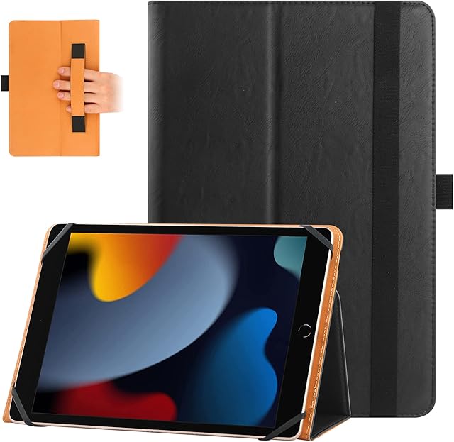 HGWALP Universal Case for 9inch 10inch Tablet,Stand Folio Universal Tablet Case Protective Cover for 9" 10.1" Touchscreen Tablet, with Adjustable Fixing Silicon Band and hand strap-Black