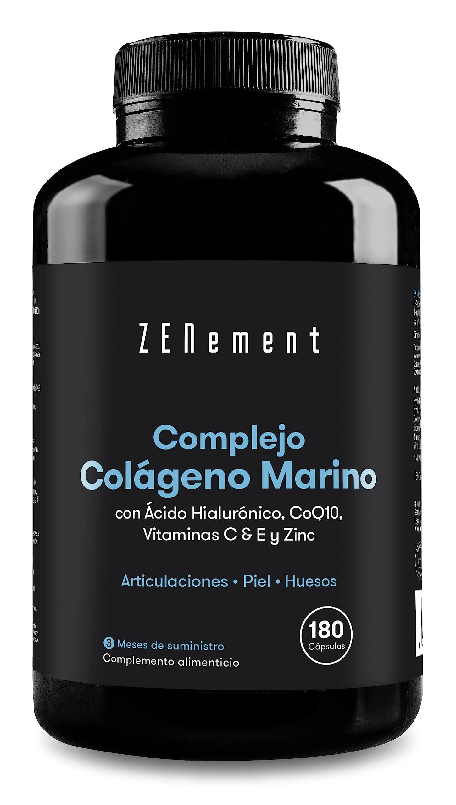 Colágeno Marino Hidrolizado con Ácido Hialurónico, Coenzima Q10, Vitaminas C & E y Zinc - 180 cápsulas (3 meses) Suplemento Articulaciones, Piel y Huesos - Péptidos Alta Concentración - Zenement