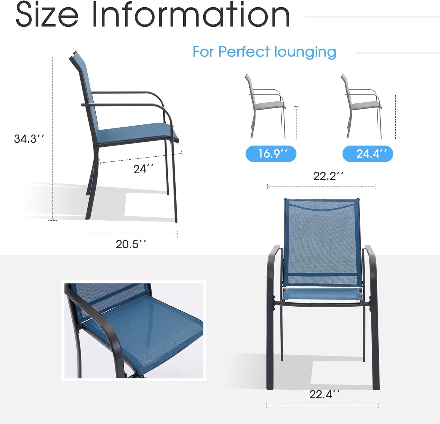 VICLLAX Patio Chair Set of 2, Metal Stackable Outdoor Chairs, All Weather Outdoor Dining Furniture Set, Blue Fabric