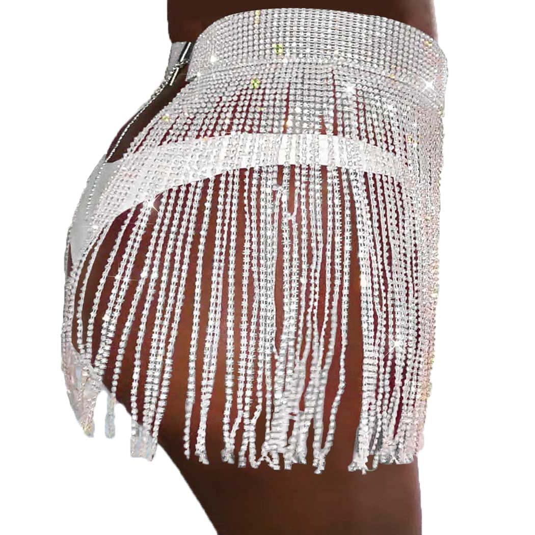 EARENTBelly Dance Hip Skirt Rhinestone Tassel Waist Chain Sparkly Crystal Hip Scarf Rave Costume Body Chain Nightclub Party Skirts Fringe Body jewelry for Women (B-White)