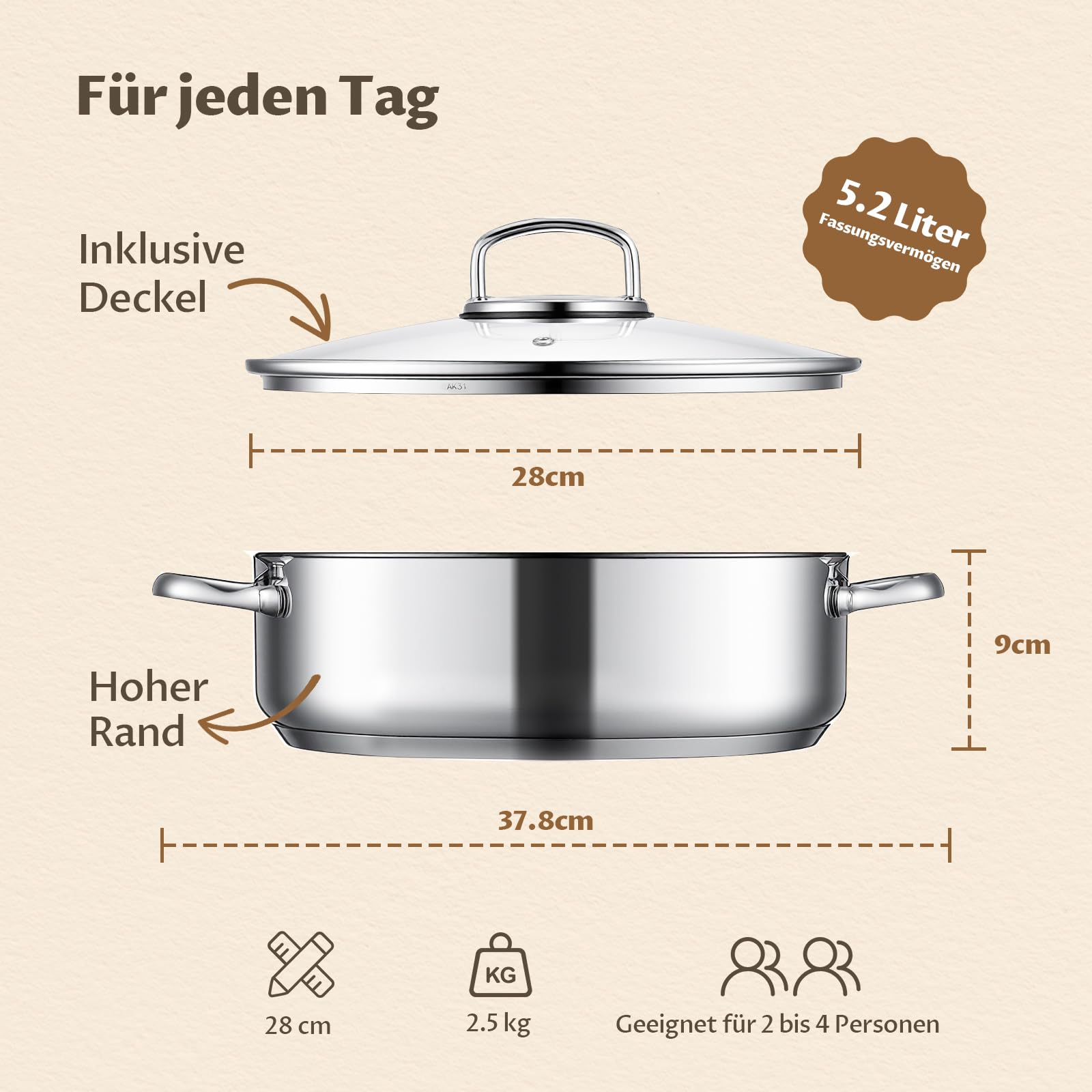 BEZIA Schmorpfanne 28 cm mit hohem Rand & Deckel, Induktions-Bräter 5,2 L | Edelstahl 18/10 Pfanne, unbeschichtet mit Mengenanzeige, Nietfrei & pflegeleicht, Schmortopf zum Schmoren & scharfen Anbraten