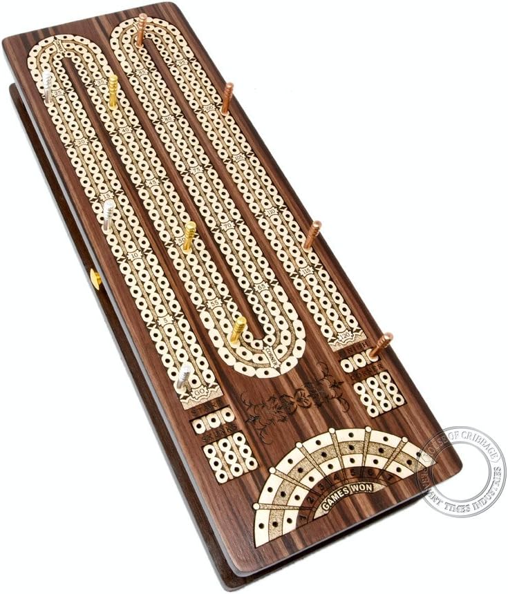 House of Cribbage - Continuous Cribbage Board/Box Inlaid in Rosewood/Maple - 3 Track - Sliding Lid with Score Marking Fields for Skunks, Corners and Won Games